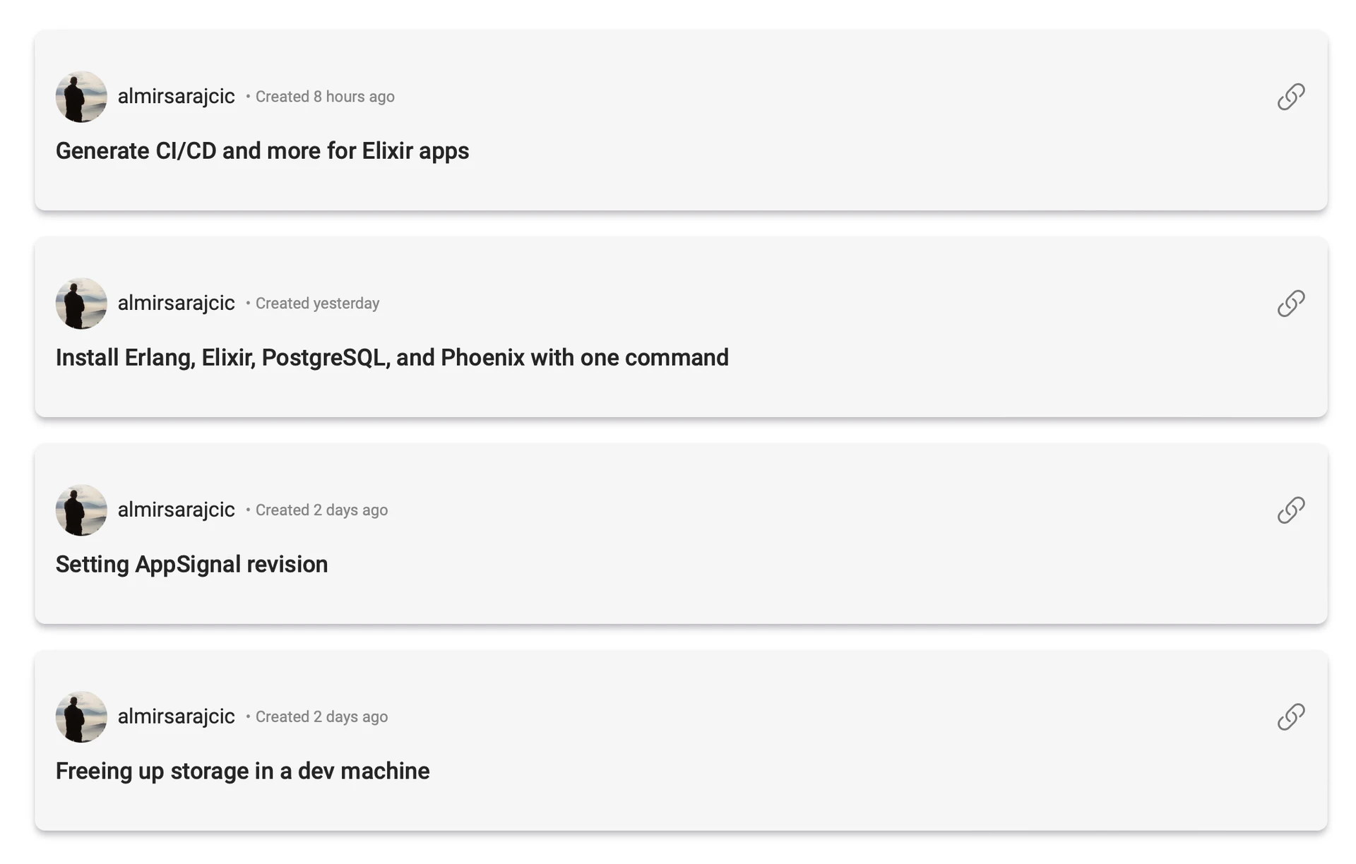 Elixir Drops homepage listing short posts about CI/CD, installing the Elixir stack, AppSignal revisions, and development storage.