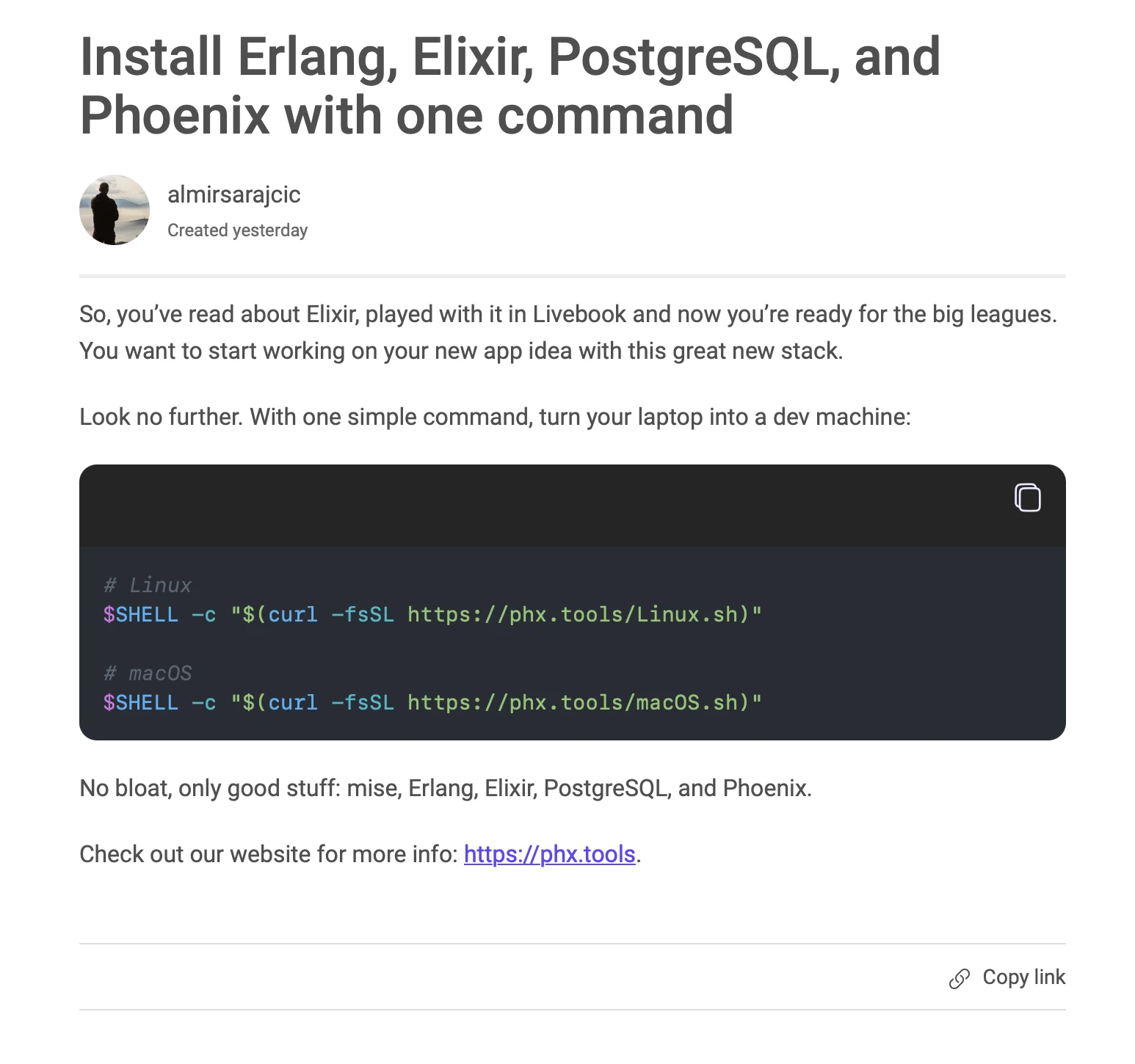 Elixir Drops article showing Linux and macOS commands to install Erlang, Elixir, PostgreSQL, and Phoenix.